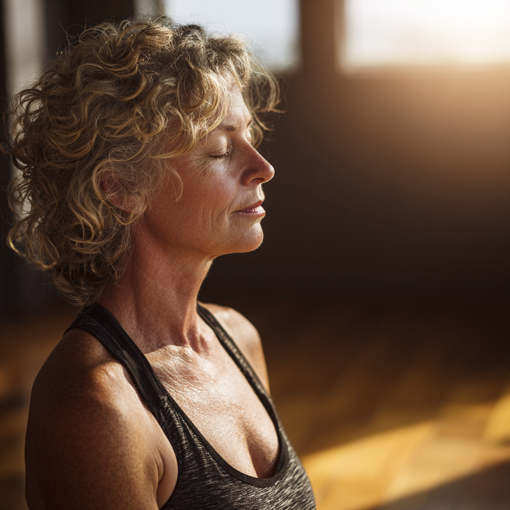 mature woman practicing peaceful yoga meditation in sunlit studio