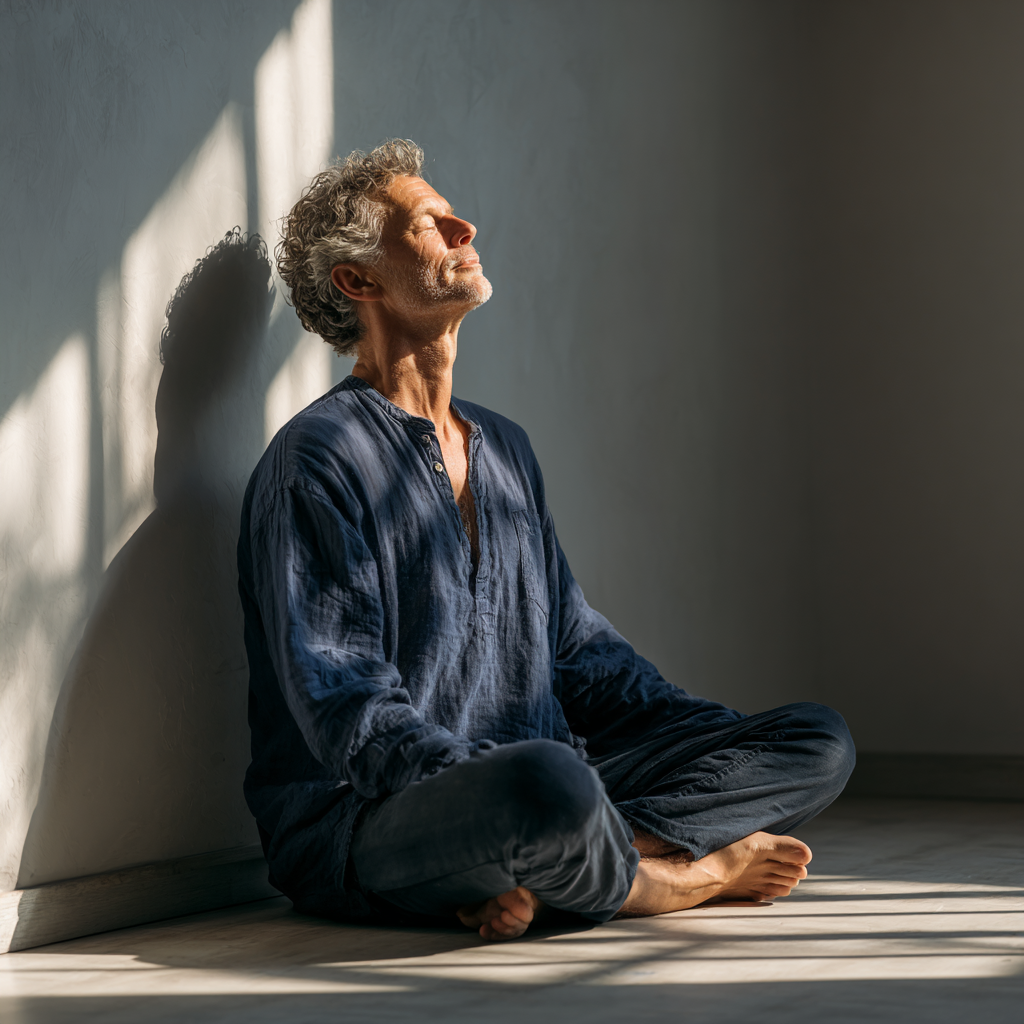 serene middle-aged person in comfortable yoga pose surrounded by natural light
